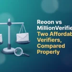 Two white envelopes balanced evenly on a scale with a magnifying glass in front, illustrating a fair Reoon vs MillionVerifier comparison