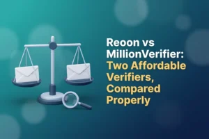 Two white envelopes balanced evenly on a scale with a magnifying glass in front, illustrating a fair Reoon vs MillionVerifier comparison