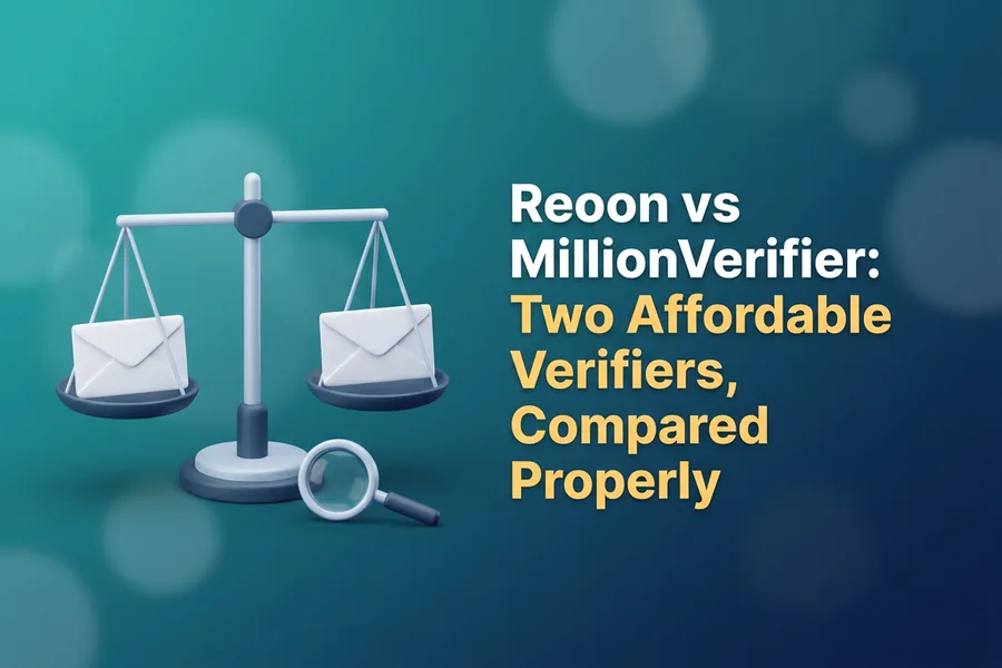 Two white envelopes balanced evenly on a scale with a magnifying glass in front, illustrating a fair Reoon vs MillionVerifier comparison