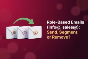Three white envelopes with briefcase, headset and megaphone badges under a green sorting arrow, illustrating role-based email addresses such as info@ and sales@