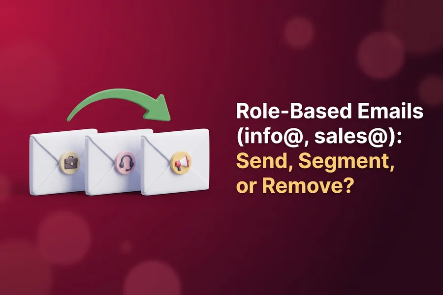 Three white envelopes with briefcase, headset and megaphone badges under a green sorting arrow, illustrating role-based email addresses such as info@ and sales@