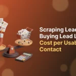 Balance scale weighing a magnet lifting contact cards against a shopping cart of contact cards, with a calculator in front, illustrating scraping leads vs buying lead lists