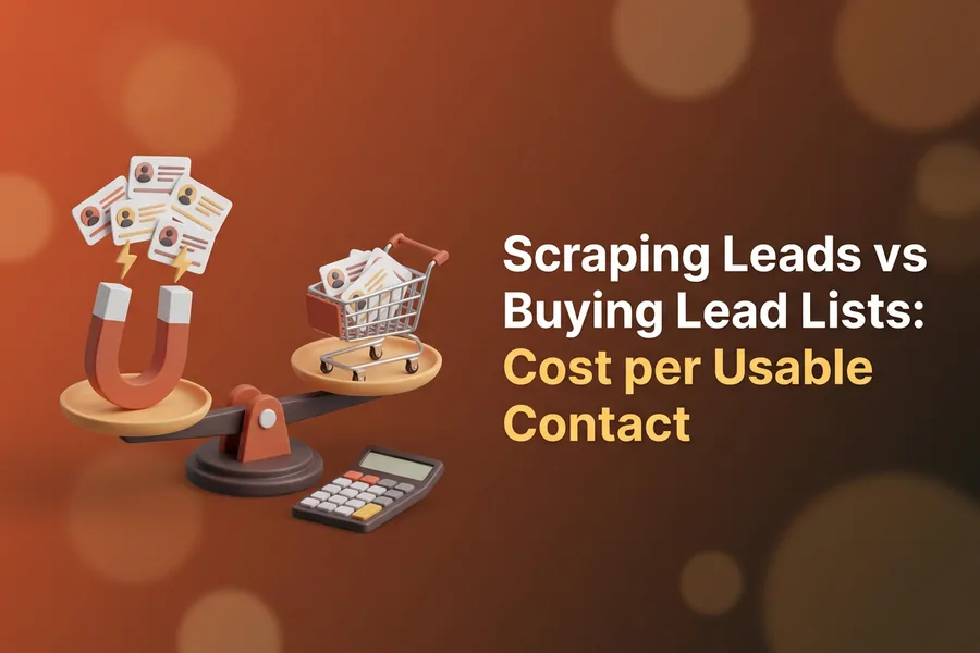 Balance scale weighing a magnet lifting contact cards against a shopping cart of contact cards, with a calculator in front, illustrating scraping leads vs buying lead lists