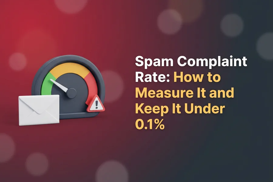 Gauge dial with the needle low in the green zone, a white envelope beside it and a warning badge in the red zone, illustrating spam complaint rate