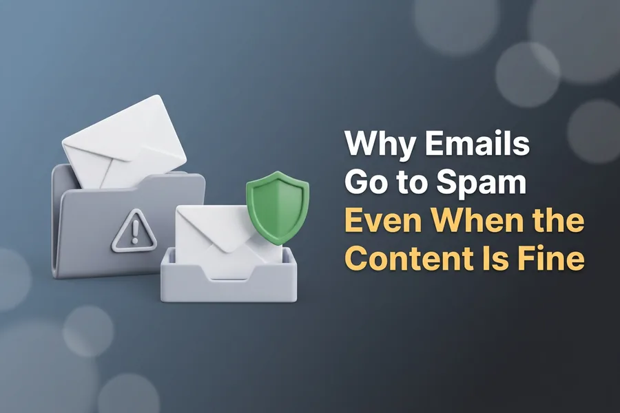 Envelope sliding into a grey folder marked with a warning triangle while a green shield guards a second envelope reaching the inbox, illustrating why emails go to spam
