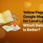 Open Yellow Pages directory beside a folded map with a red location pin and a magnifying glass, comparing Yellow Pages and Google Maps for local leads