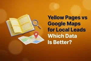 Open Yellow Pages directory beside a folded map with a red location pin and a magnifying glass, comparing Yellow Pages and Google Maps for local leads