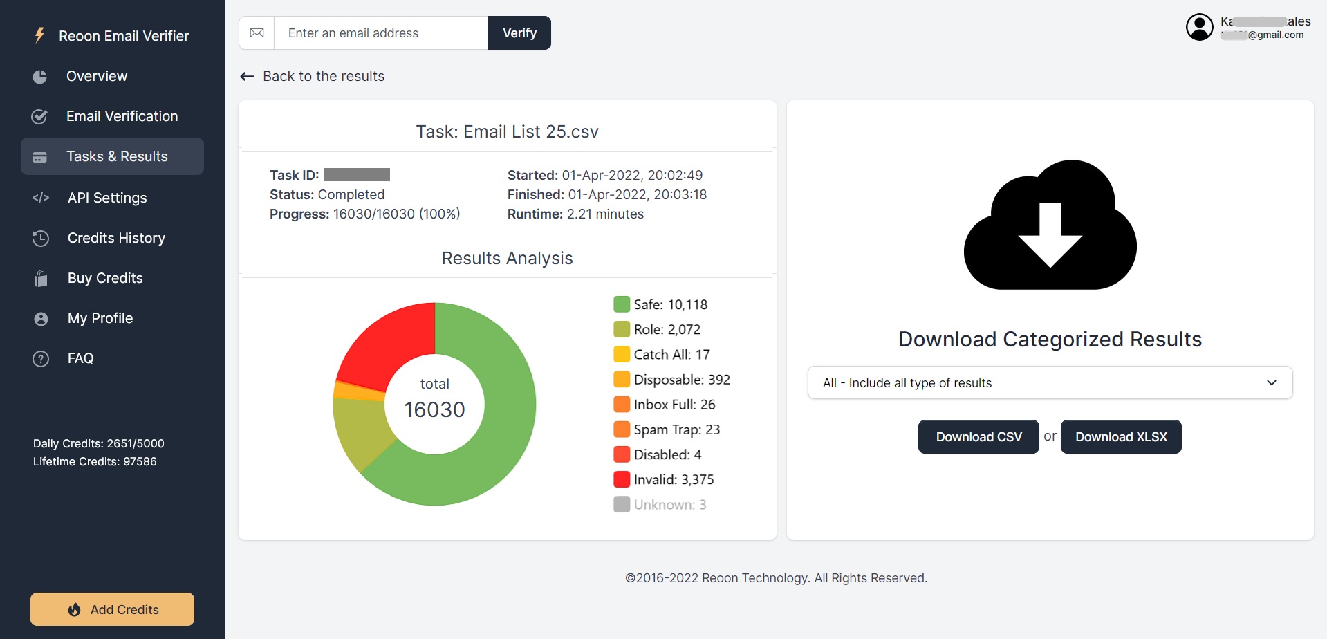 Bulk email verification results in Reoon Email Verifier with categorised download options